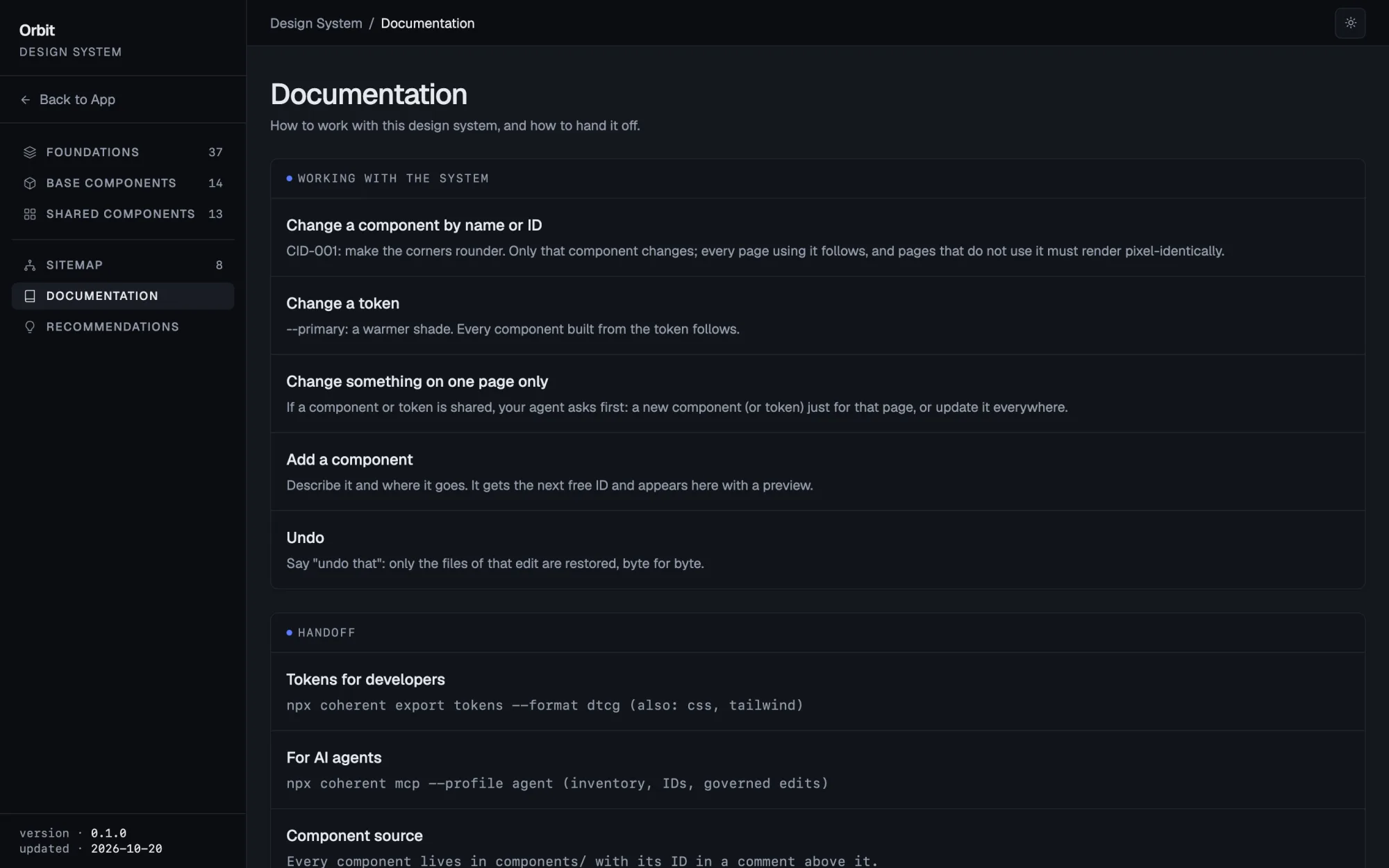 How to work with it, and hand it off: a page of the generated design system