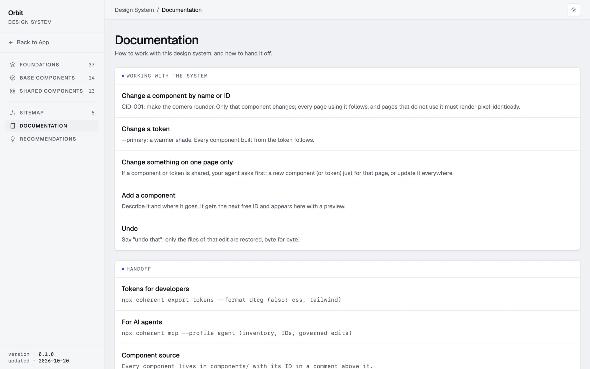 How to work with it, and hand it off: a page of the generated design system
