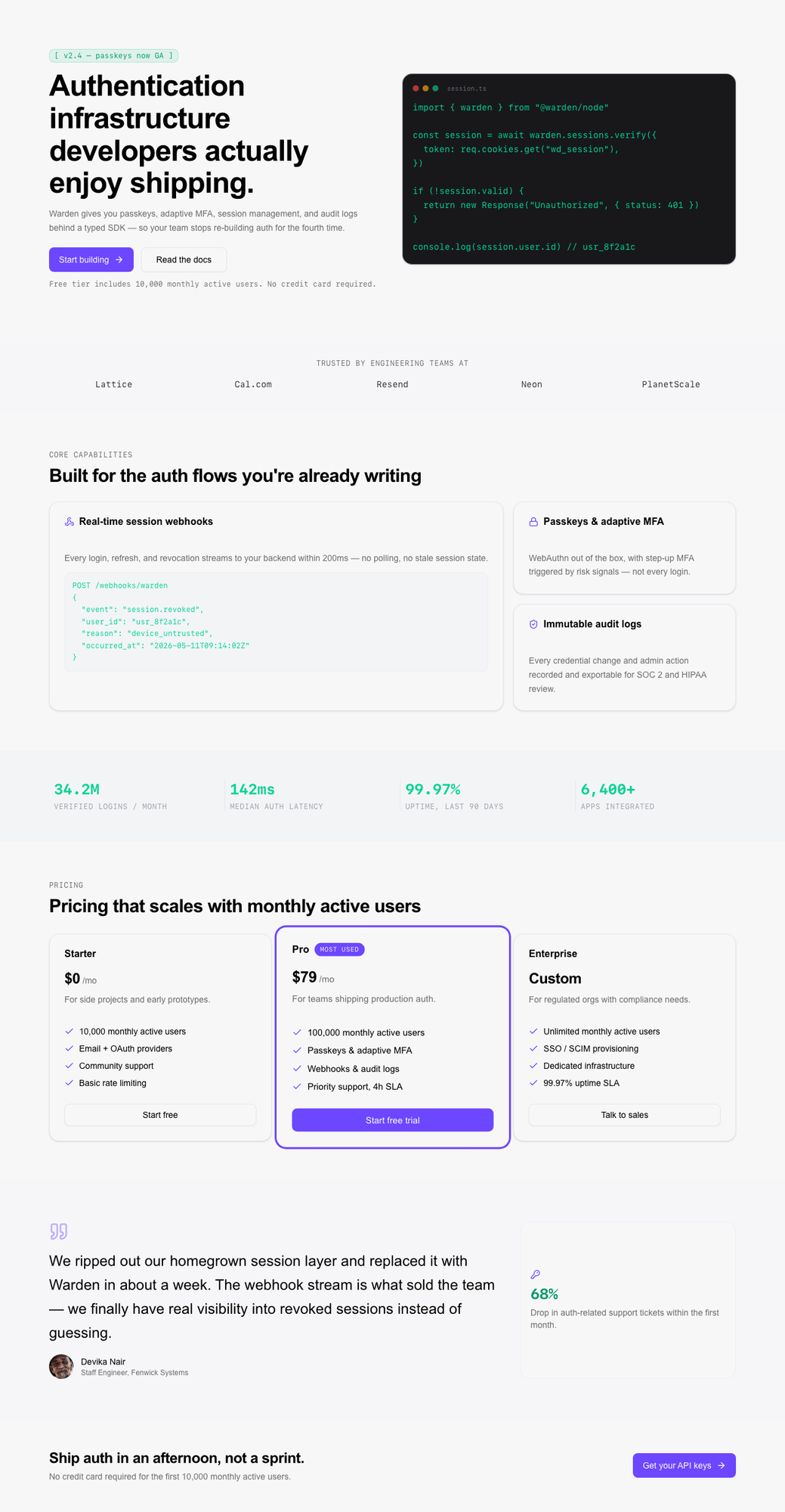 A landing page generated by Coherent from Clerk's design tokens