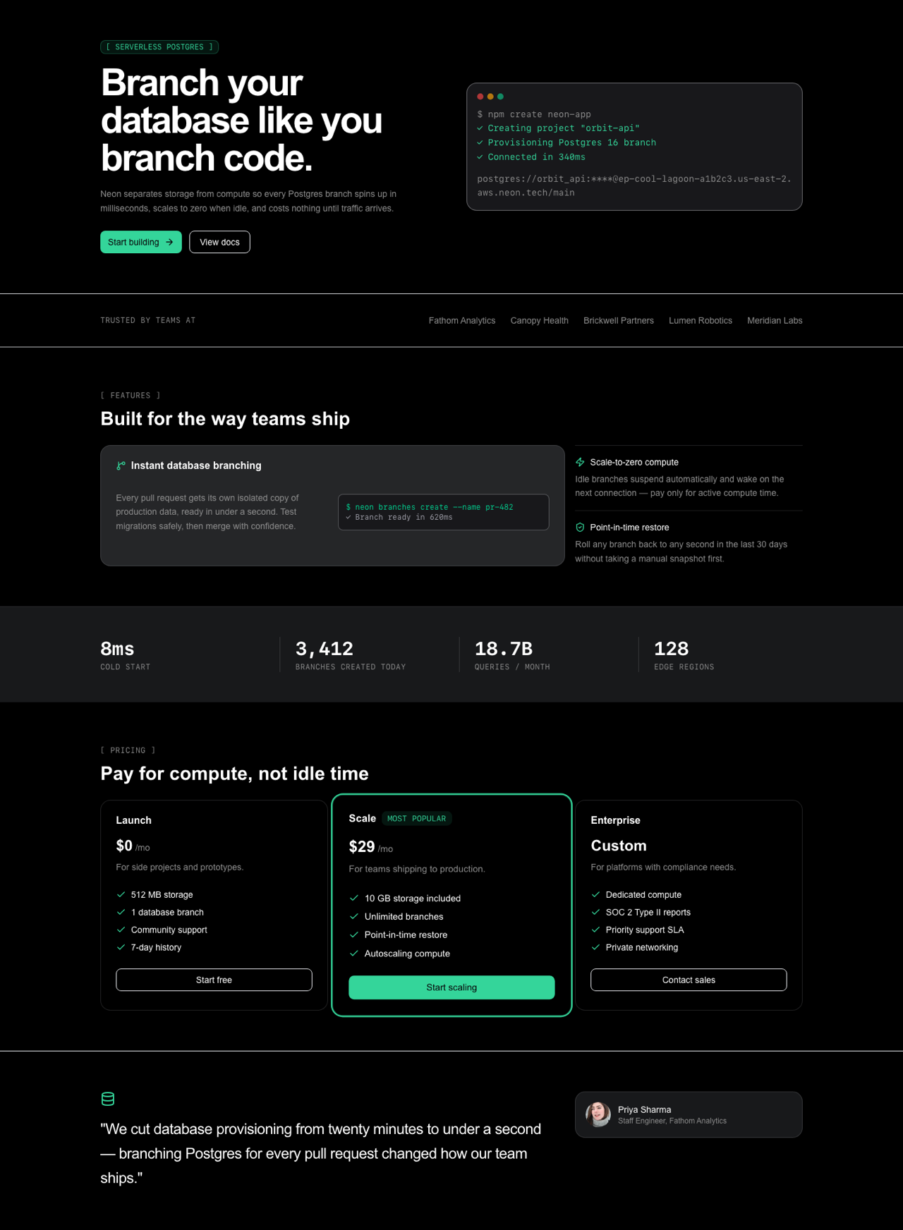 A landing page generated by Coherent from Neon's design tokens