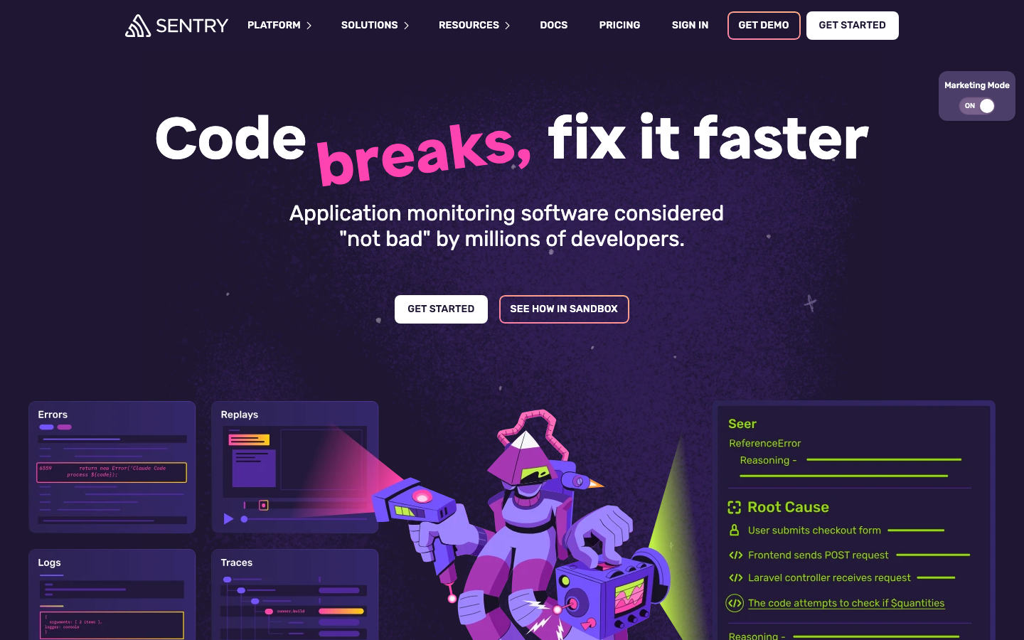 Sentry homepage